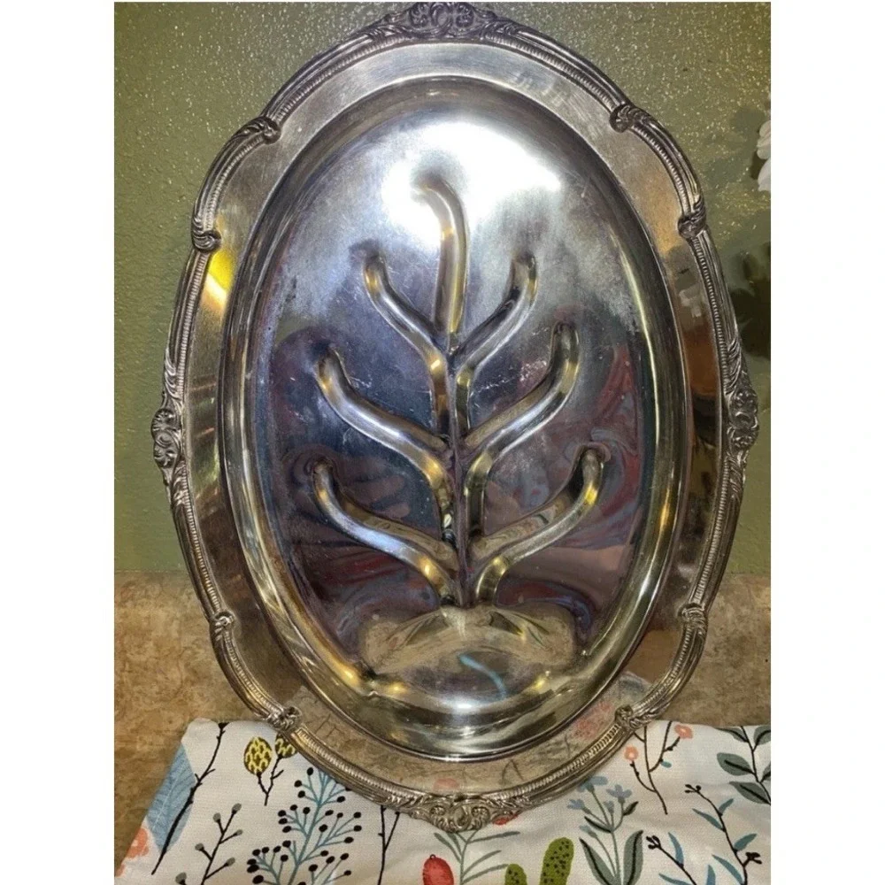 Vintage English Silver‎ Meat Platter Mfg Corp Silverplate Large 12x16x2 Footed